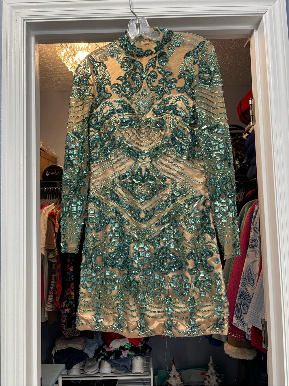 Sherri Hill Teal and Nude Beaded Long Sleeve Mini Dress